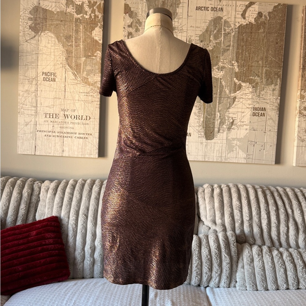 Free People Metallic‎ Bodycon Mini Dress XS Brown Bronze Short Sleeve Scoop Neck - Picture 4 of 7